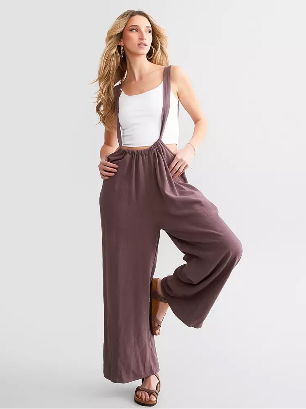 HYFVE Wide Leg Suspender Overall in Peppercorn SZ L